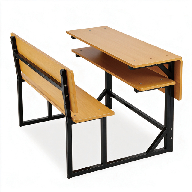 Double Integrated Student Desk Chair Set, Yellow MDF Combined School Desk for Two Students