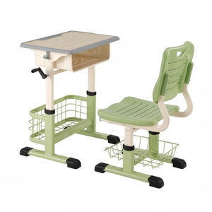 WANGLI Hand-Crank Adjustable Kids Study Desk And Chair Set with Dual Wire Mesh Baskets, Ergonomic School Furniture