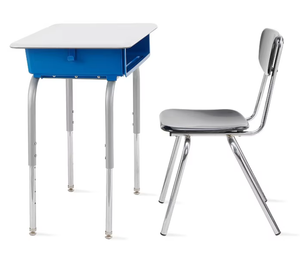WANGLI Adjustable Student Desk and Chair Set with PP Storage Box & Molded Wood Top, Dual-Finish Round Leg School Furniture