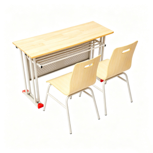 WANGLI 1200mm Double Student Desk and Chair Set with Solid Oak Finger-Joint Top & Perforated Steel Panel, OEM/ODM School Furniture