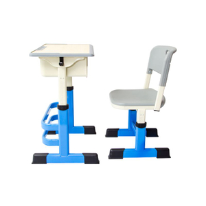 WANGLI Hand-Crank Adjustable Student Desk and Chair Set with Steel Storage Box, Ergonomic PE Chair & Blue Frame